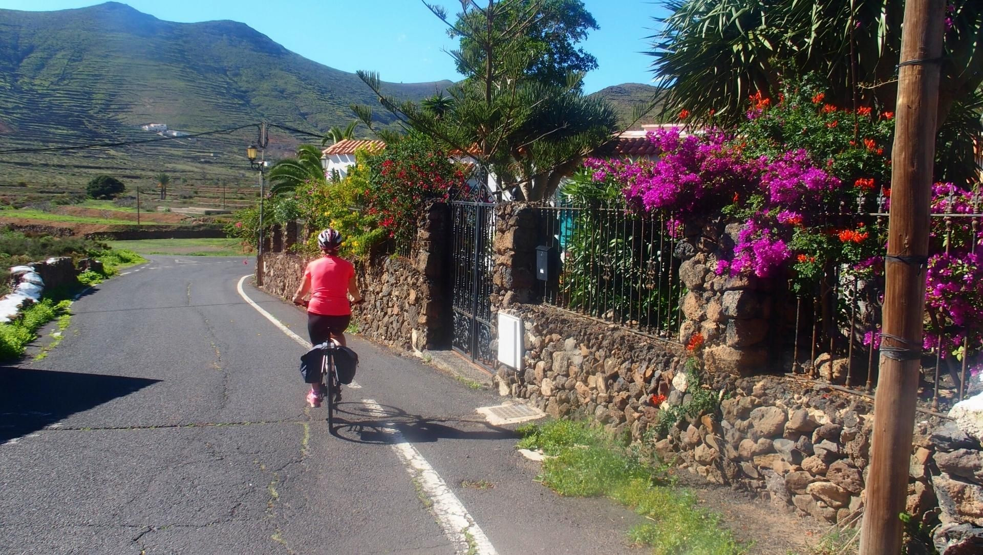 © Jean-Claude Praire Cyclotouriste sur une route fleurie - Lanzarote - Canaries, Espagne