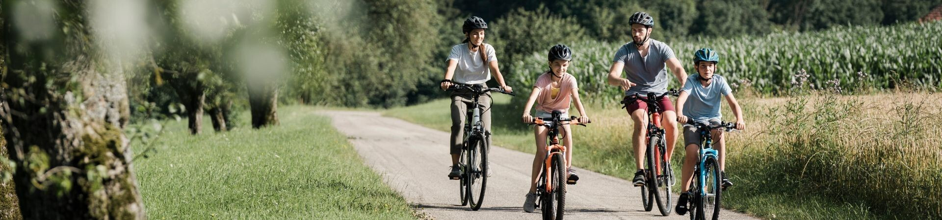 Famille à vélo sur un chemin de campagne en été - Europe