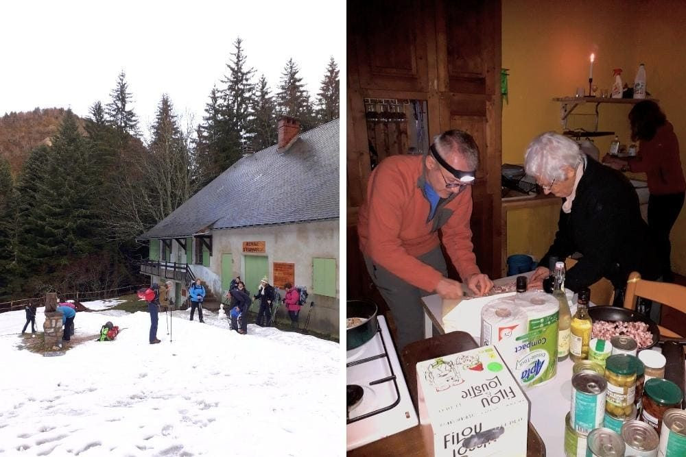 © Annie Rayrat Groupe de randonneurs à raquettes au refuge d'Esparron et Préparation d'un repas à l'intérieur du refuge d'Esparron © Annie Rayrat