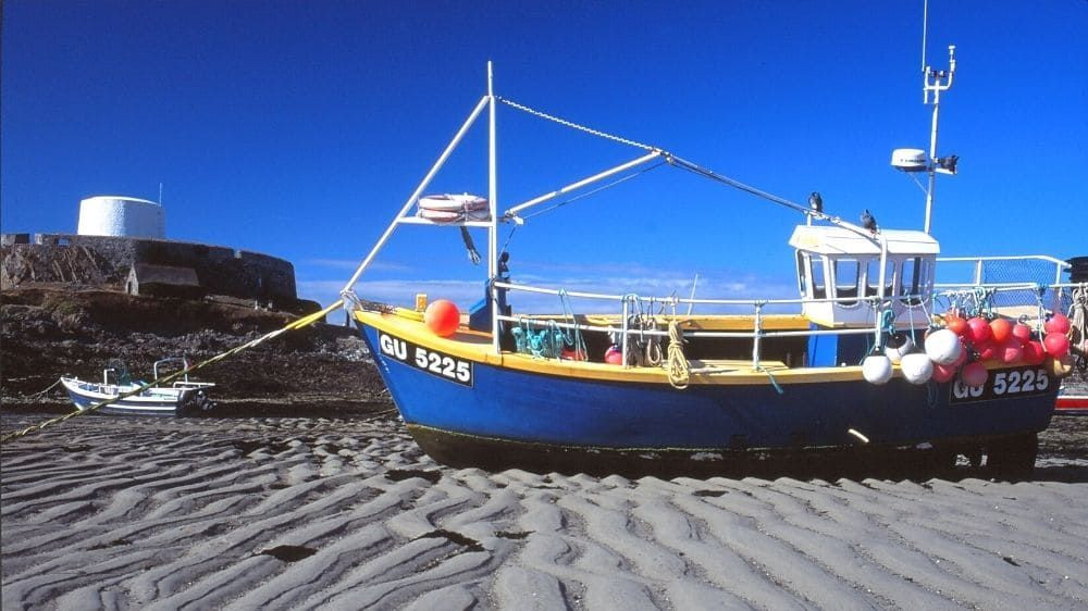 © François Ribard Bateau de pêche à marée basse devant Fort Grey - Guernesey - Îles Anglo-Normandes