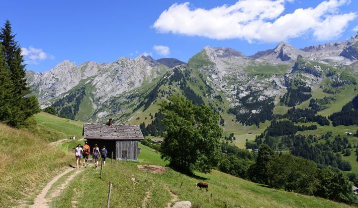 Randonneurs sur un sentier d'alpage face aux Aravis - Haute-Savoie - France
