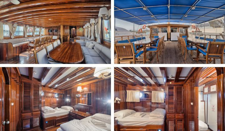 Interieur de goelette avec cabines en bois et pont-terrasse - Cyclades Grece
