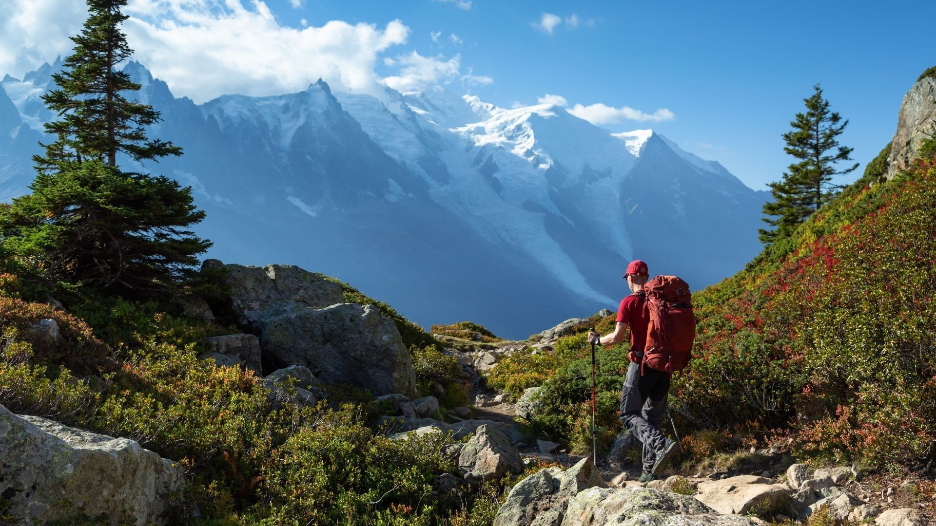 Randonneur face au massif du Mont-Blanc - Alpes - France