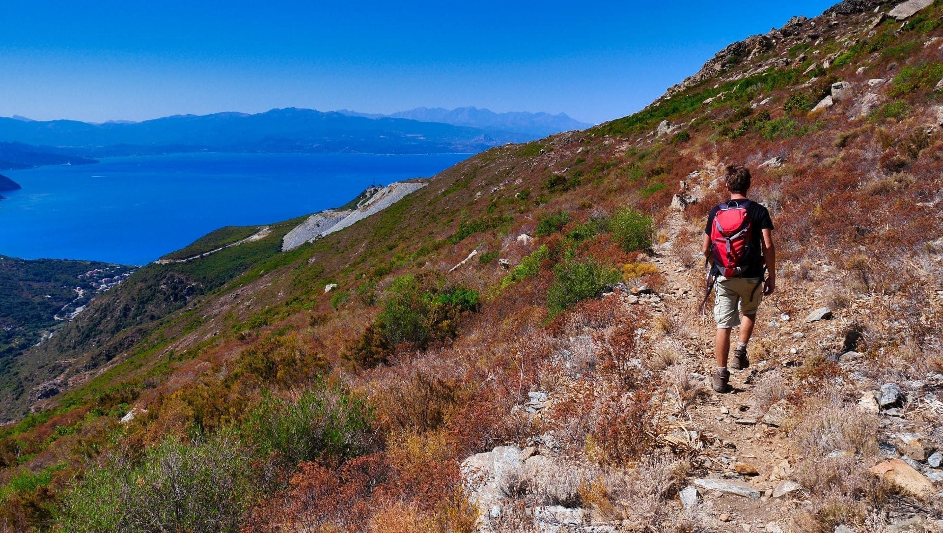 © Viamonts - Corsica Aventure Randonneur sur un sentier côtier dominant la mer - Cap Corse - Corse - France