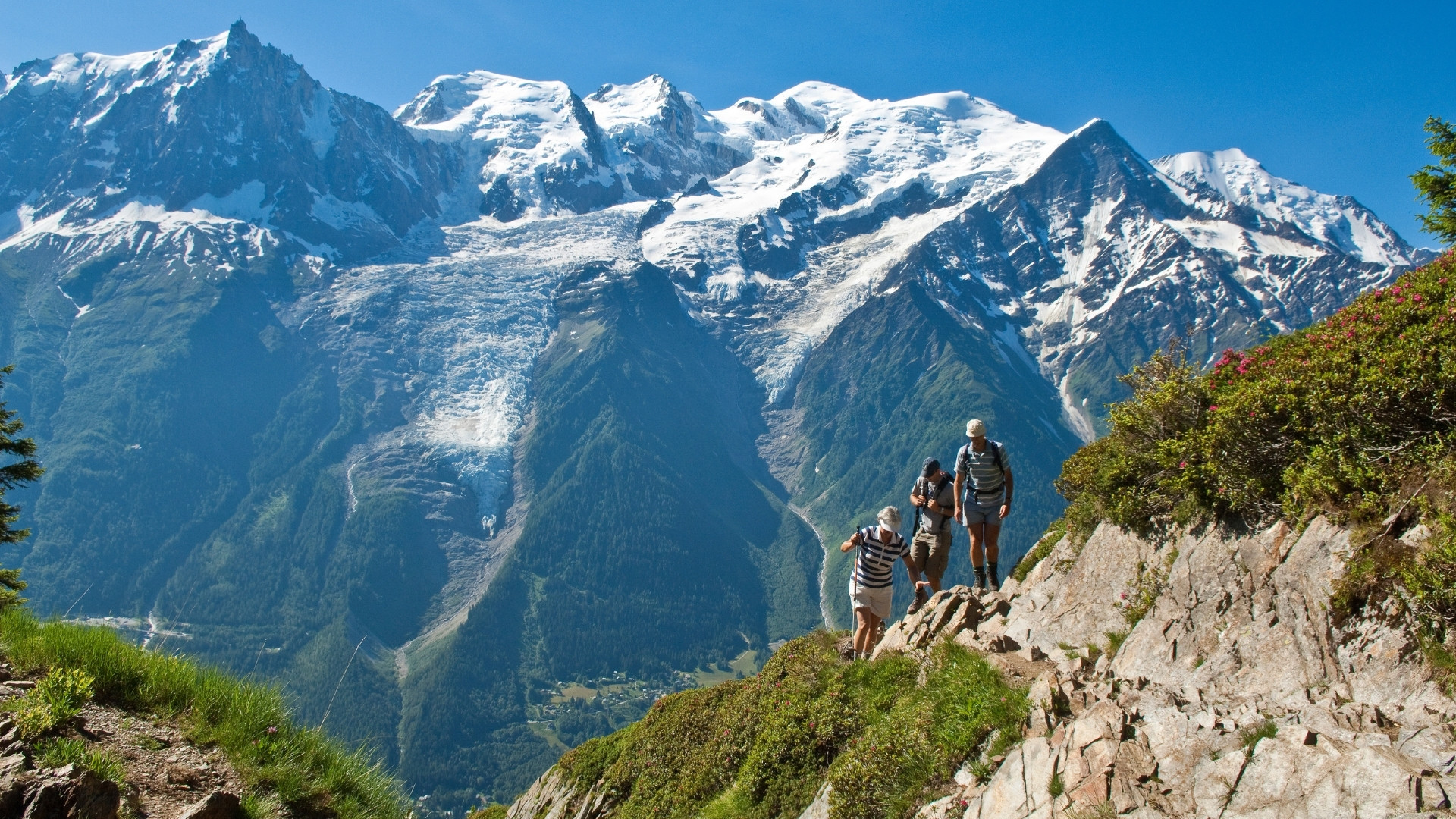 Randonneurs face au massif du Mont-Blanc - Alpes - France