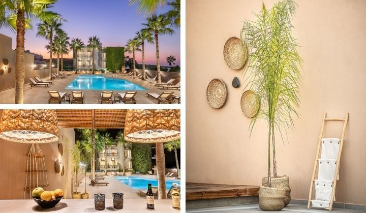 Hotel avec piscine et palmiers au coucher du soleil - La Canee Crete