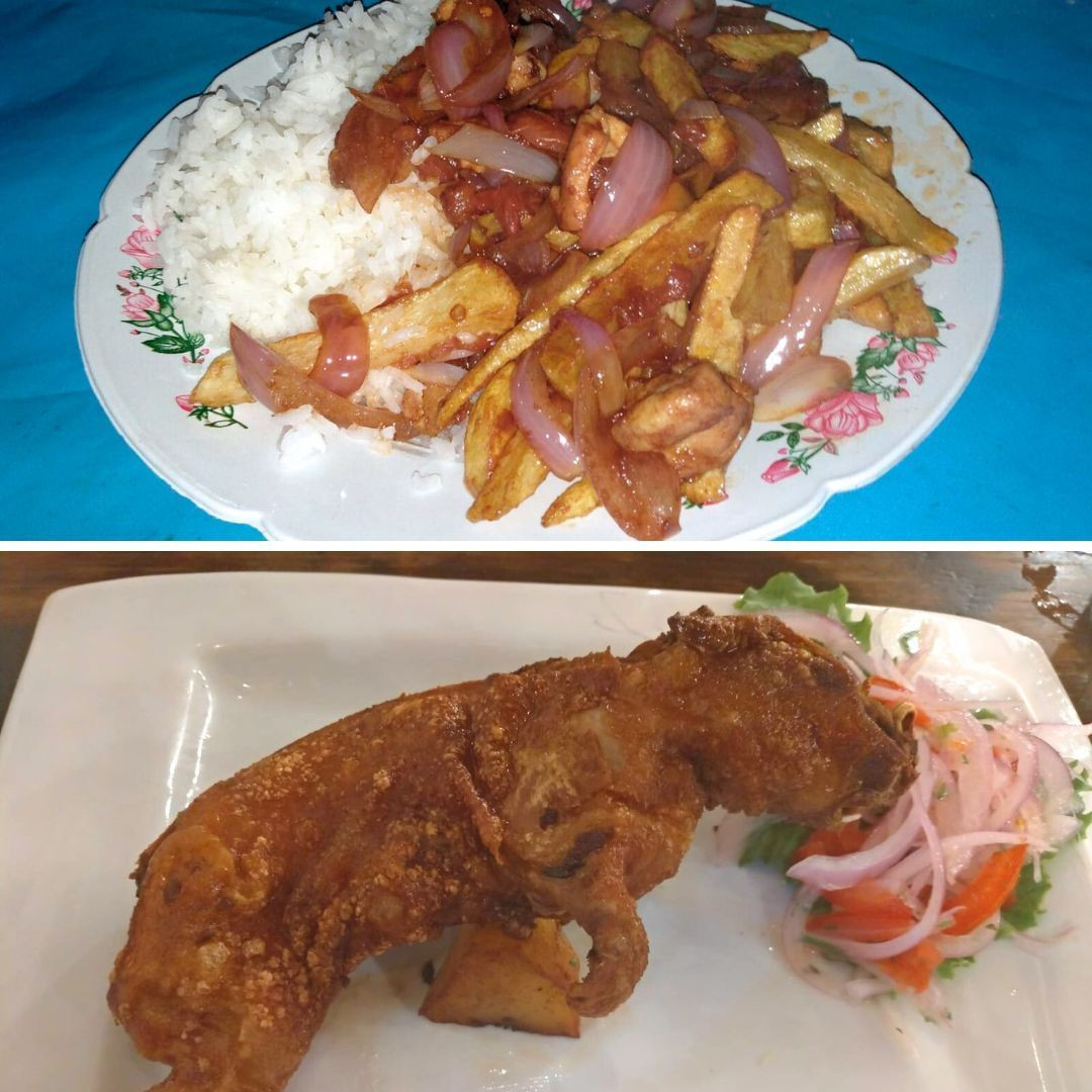 Lomo Saltado péruvien (haut), Le Cuy chactao, le cochon d'Inde grillé (bas) © Laura Kankaanpaa© Laura Kankaanpaa