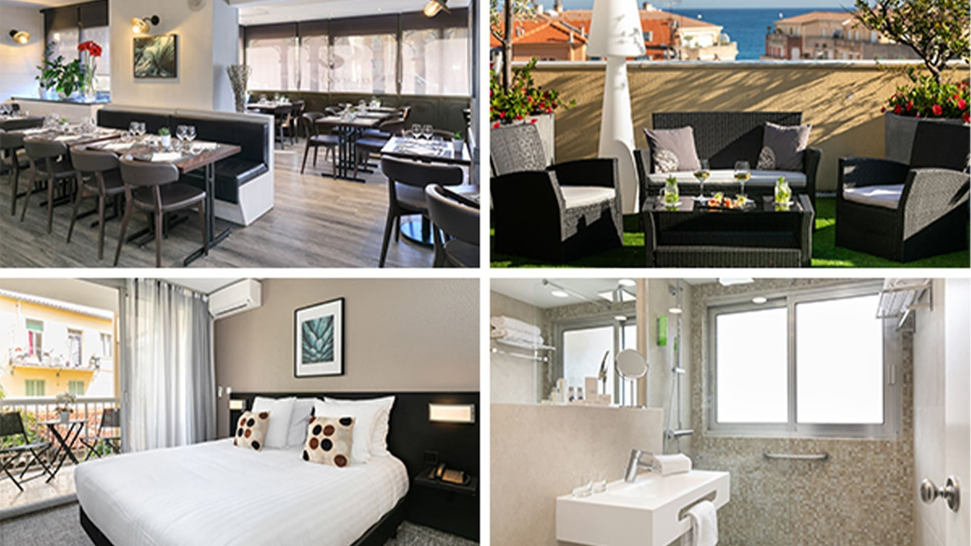 Hôtel moderne, terrasse vue mer, chambre et salle de bain - Menton - France