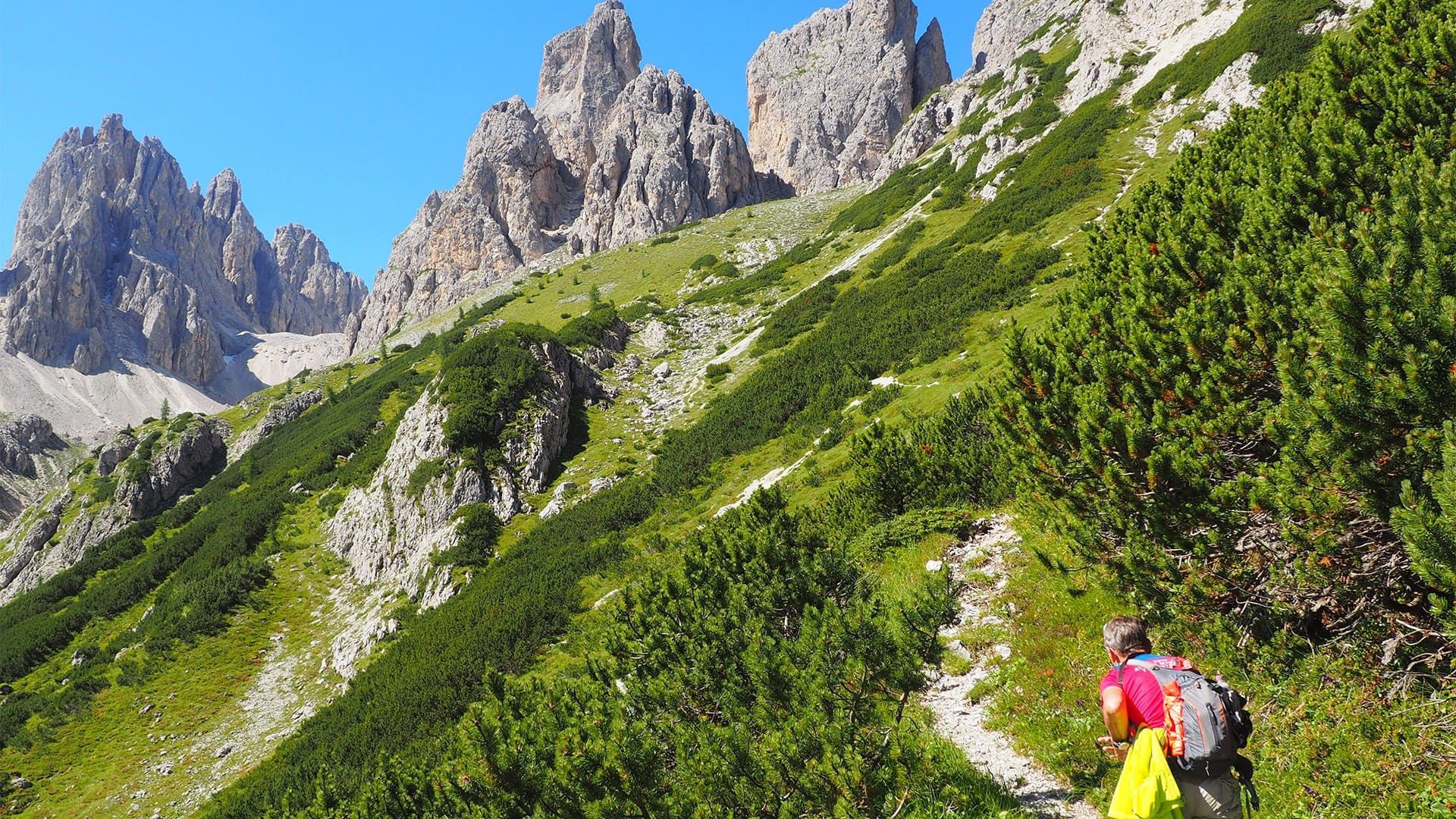 Randonneur montant vers les aiguilles rocheuses - Dolomites - Italie