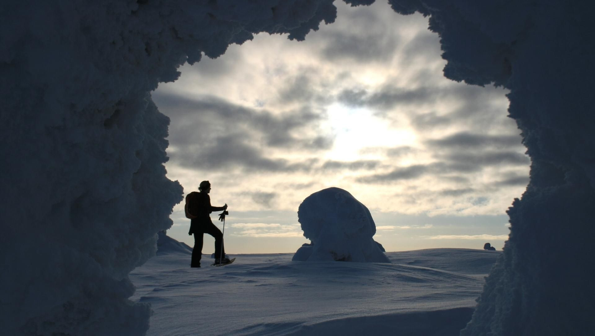 Raquettes à neige à contre-jour parmi les arbres givrés - Laponie finlandaise, Finlande