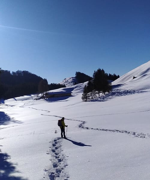 © Pierre Paillat Randonneur en raquettes dans la neige fraîche - Tyrol - Autriche