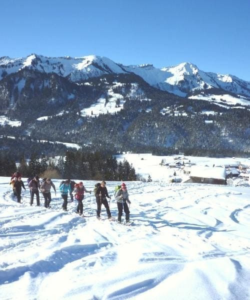 © Raymond Chabanier Groupe de randonneurs en raquettes à neige vers Hittisau - Vorarlberg - Autriche