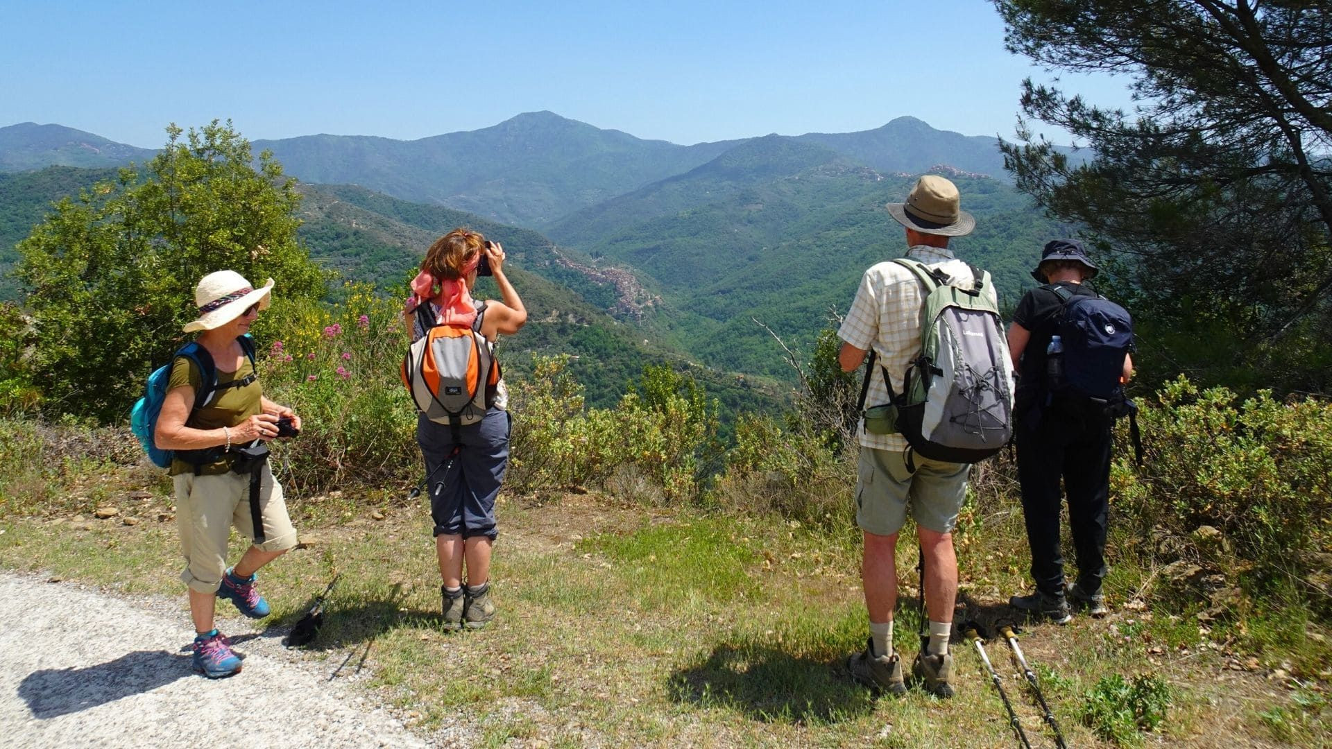 Randonneurs admirant la vallée boisée - France