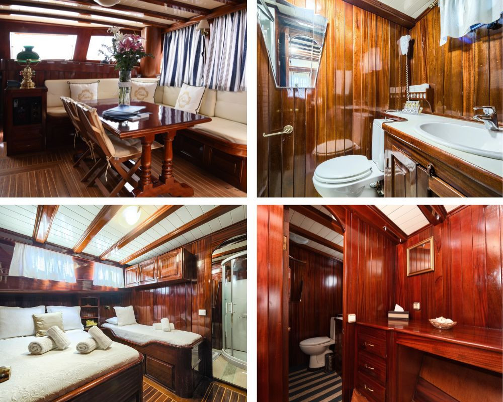 Cabines en bois du gulet Erato - Salon chambres et salles de bain - Grece
