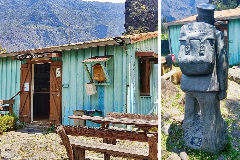 ''Boutik'' et statue d'Ivrin Pausé, le légendaire facteur de Mafate © Yvonne Toussaint