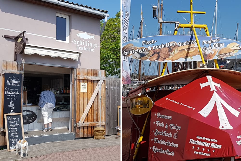 Les meilleurs Herringsbrötchen de Rügen sont à Schaprode (à gauche) et une boutique-bateau de Fischbrötchen © Anne-Marie Billault