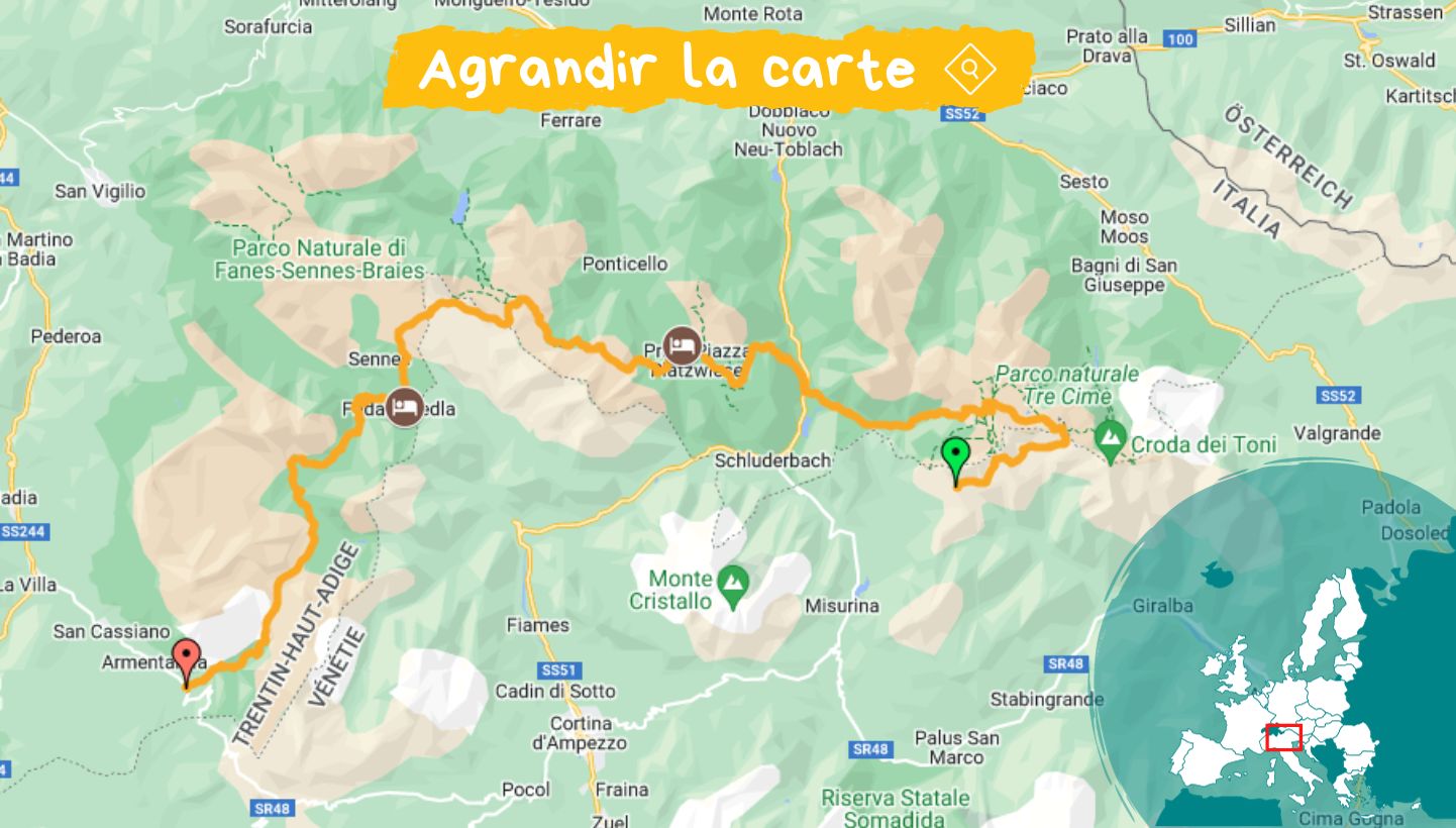 carte 3 jour de randonnée dans les Dolomites