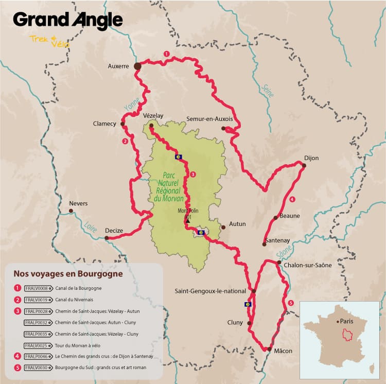 Carte de la Bourgogne et des séjours à pied et à vélo