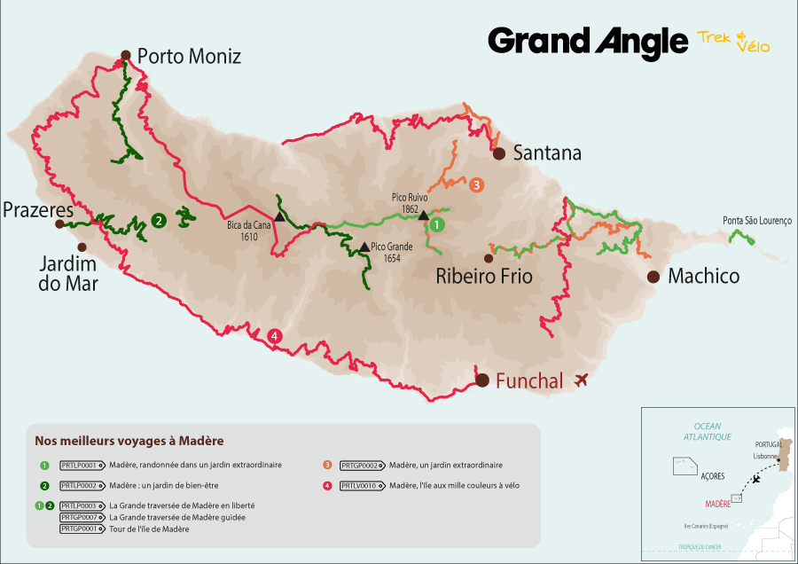 carte des randonnées itinérantes à Madère