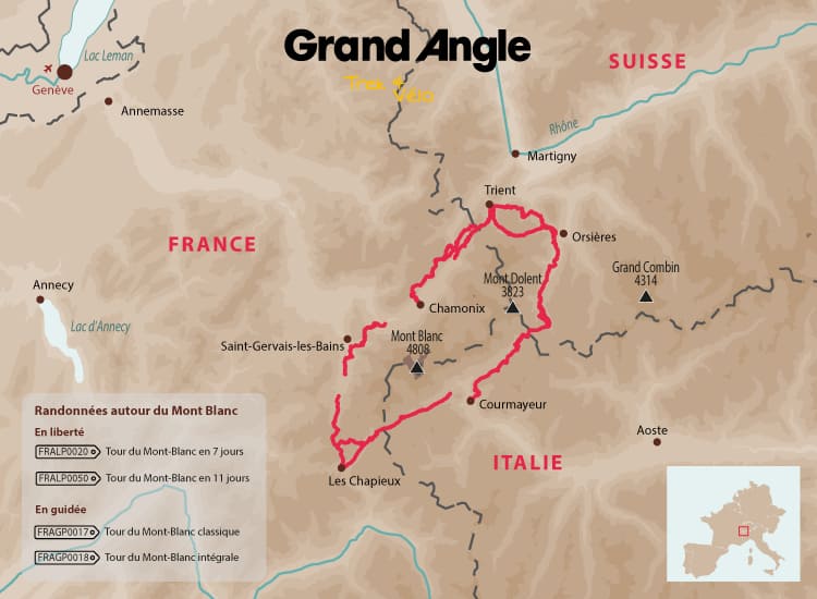 Carte du Tour du Mont Blanc et des différentes versions possibles