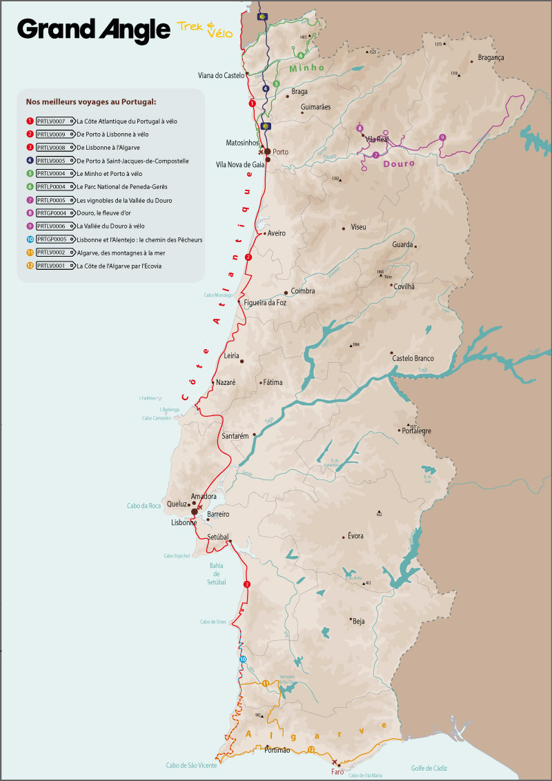 Carte voyages à pied et vélo au Portugal