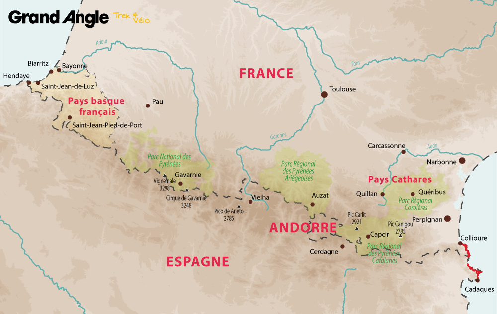 Carte des randonnées itinérantes dans les pyrénées