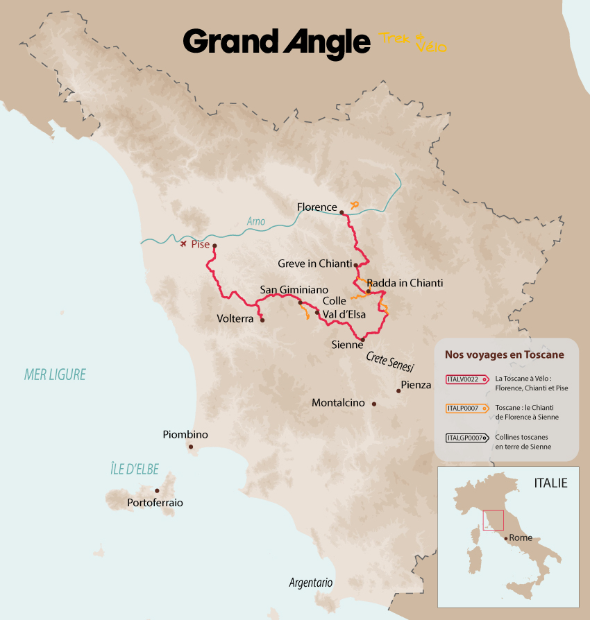 Carte des voyages à pied et à vélo en Toscane