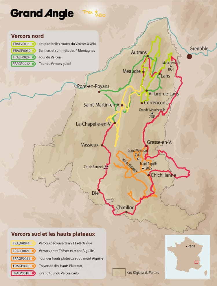 Carte du Vercors et des différents parcours à vélo ou à pied