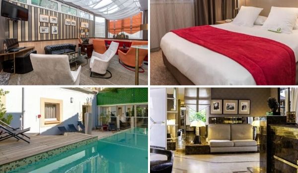 Salon, chambre, piscine et accueil de l'hôtel le Mermoz à Toulouse
