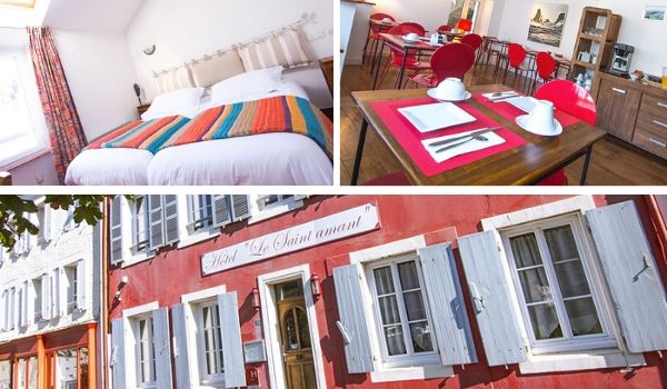 Chambre, salle de petit-déjeuner et façade de l'hôtel Le Saint Amant