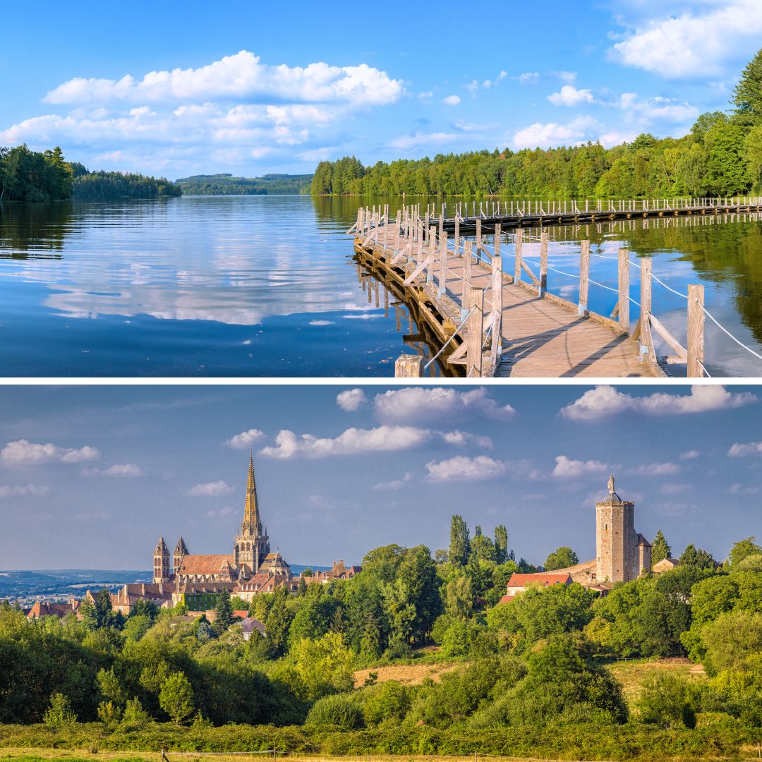 Lac des Settons dans le parc naturel du Morvan et ville historique d'Autun