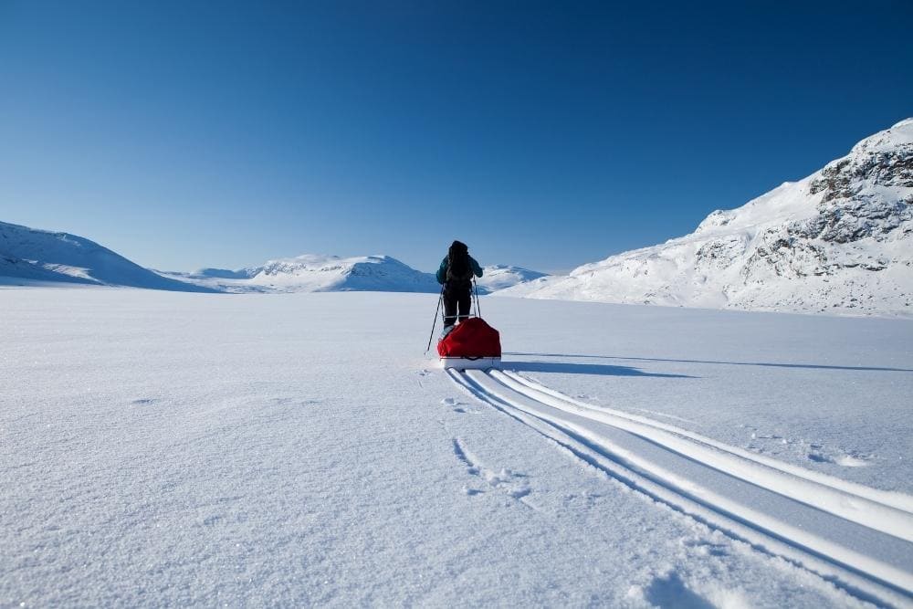 Skieur tirant une pulka sur la Voie Royale suédoise © AdobeStock