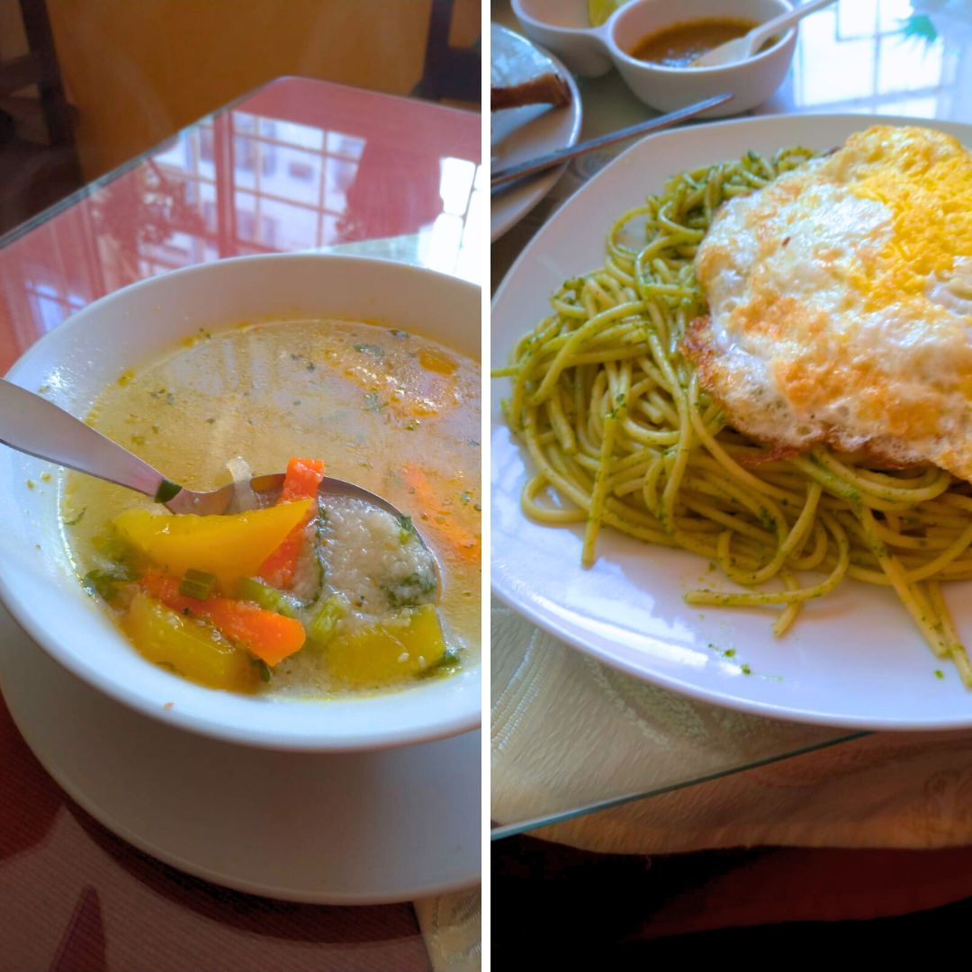 Soupe de semoule péruvienne (gauche), Le Tallarin Verde, un pesto à la péruvienne (droite) © Laura Kankaanpaa