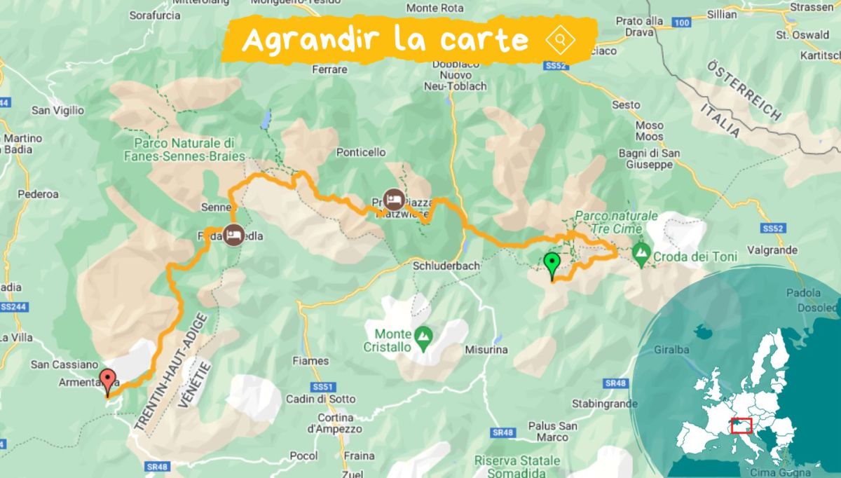 carte 3 jour de randonnée dans les Dolomites