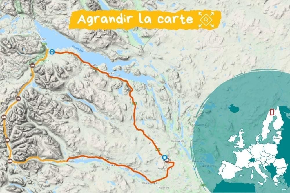 Carte interactive de l'itinéraire du voyage Grand Angle sur la Kungsleden en ski de randonnée nordique (Cliquez pour agrandir)