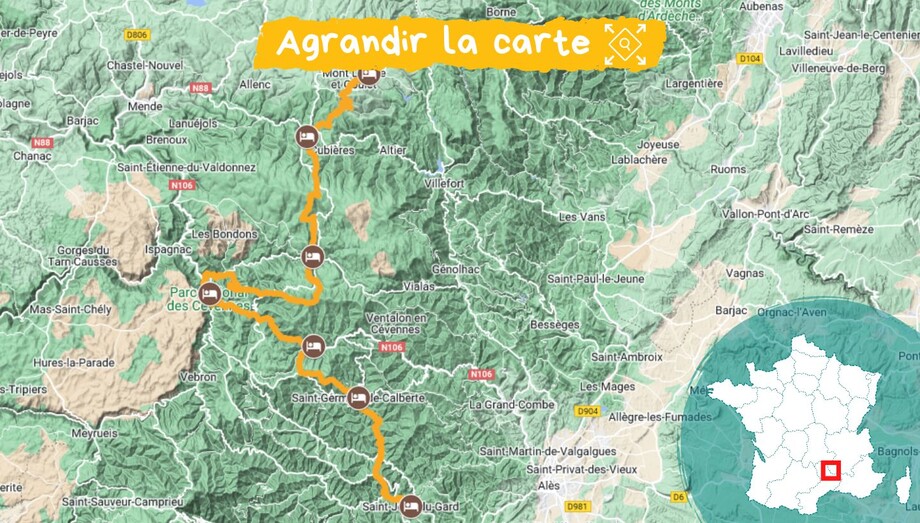 carte chemin de stevenson sud avec un guide