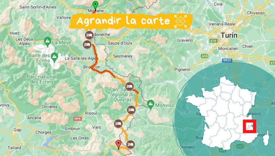 Carte et itinéraire du GR5 de Modane à Larche