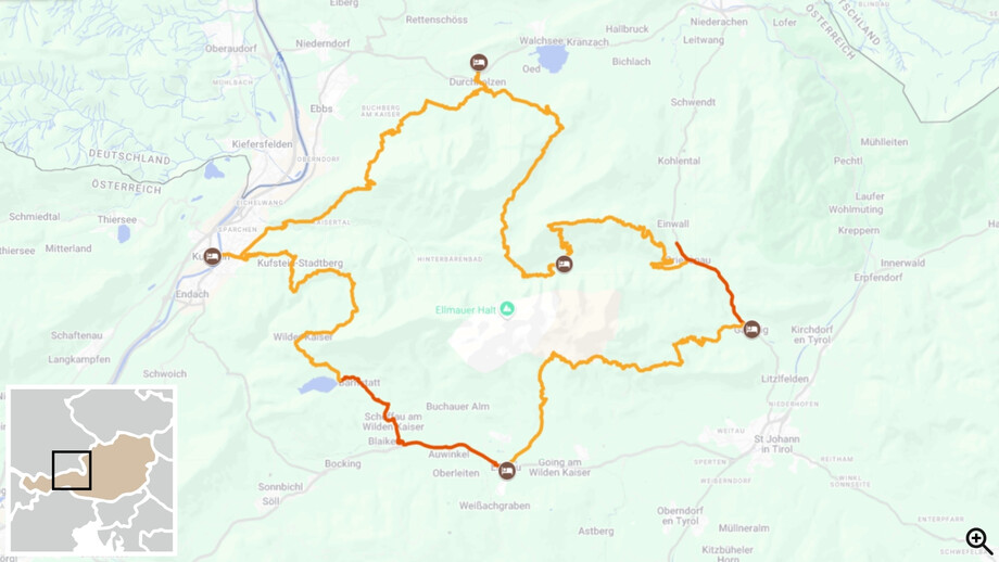 Trek de Kufstein aux Montagnes de l'Empereur itinéraire carte