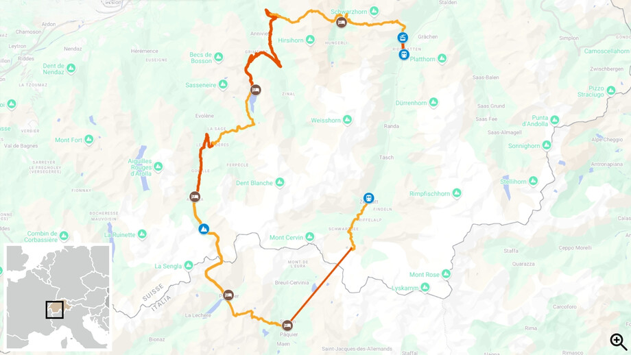 carte tour du cervin en randonnée itinéraire