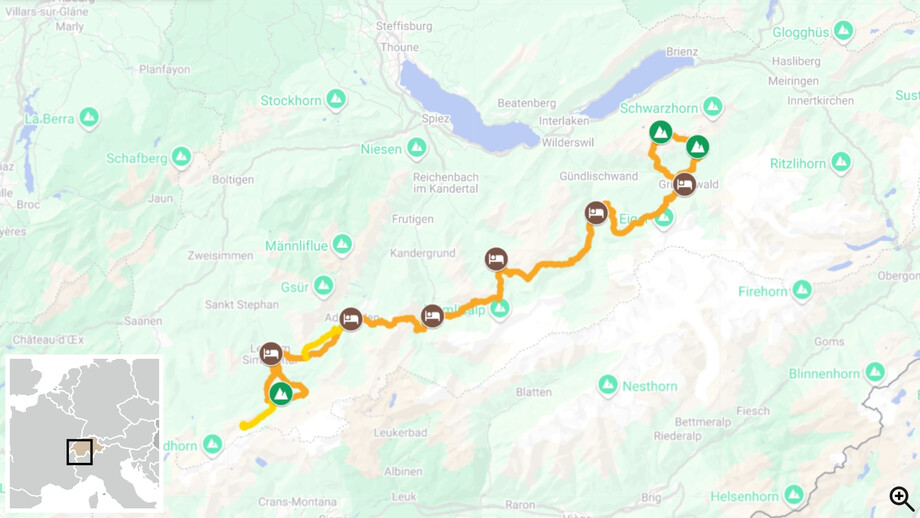 Via Alpina en Suisse : la traversée de l'Oberland carte itinéraire 
