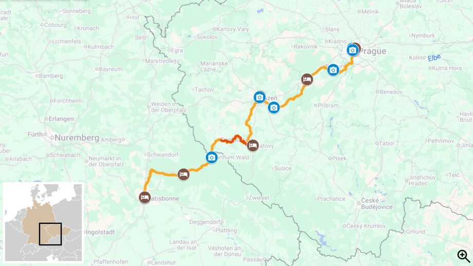 À vélo de Prague à Ratisbonne, des châteaux de Bohême à la Bavière itinéraire carte