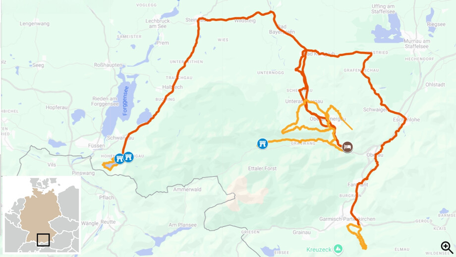 Les Châteaux de Bavière en randonnée itinéraire carte