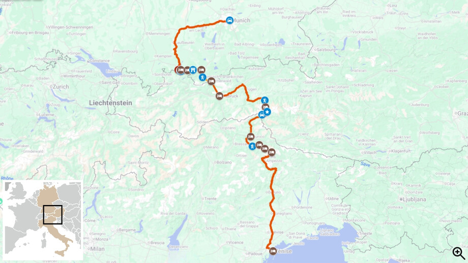 carte itinéraire trek munich venise 