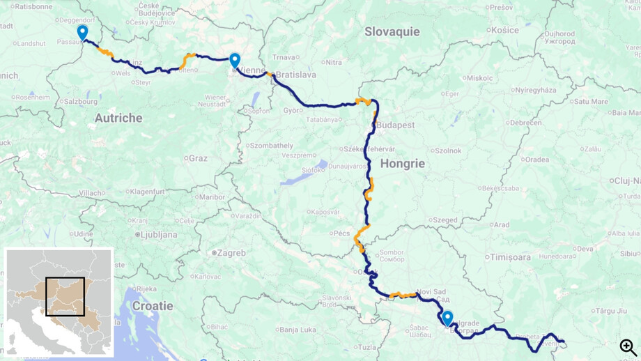 itinéraire carte Le Danube de l’Allemagne à la Serbie en vélo bateau