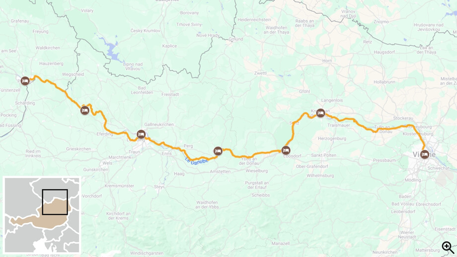 Le Danube à vélo de Passau à Vienne, en hôtels de charme carte itinéraire