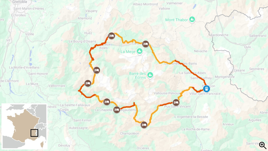 Tour de l'Oisans et des Écrins en séjour guidé carte itinéraire 