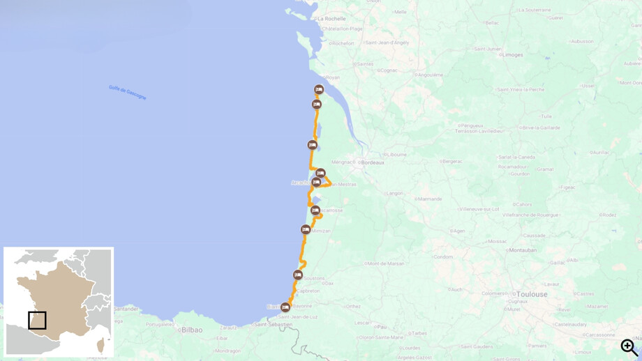 La Vélodyssée, de l'estuaire de la Gironde à Biarritz carte itinéraire