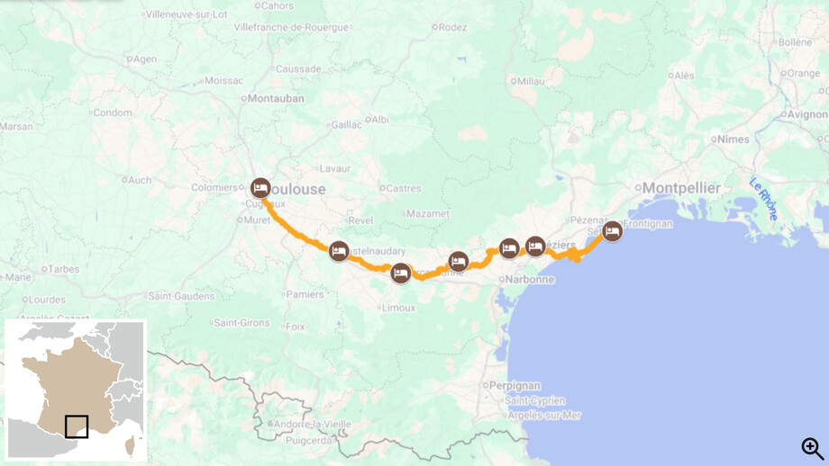 Le Canal du Midi de Toulouse à Sète carte itinéraire