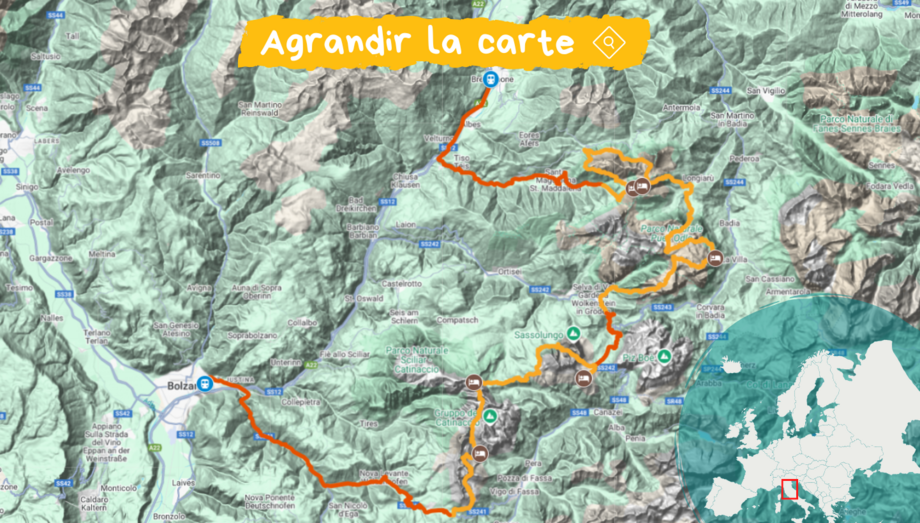 carte itinéraire trek dolomites