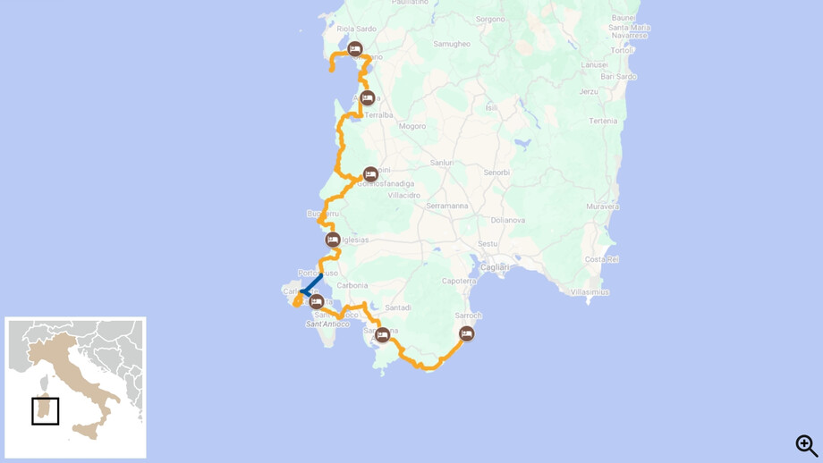 carte itinéraire vélo dans le Sud de la Sardaigne